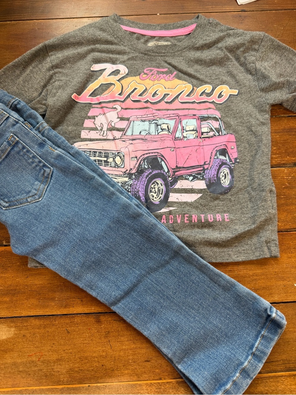 Ford bronco Kids Matching Set Gray Top with Pink Bronco Graphic and Blue Jeans